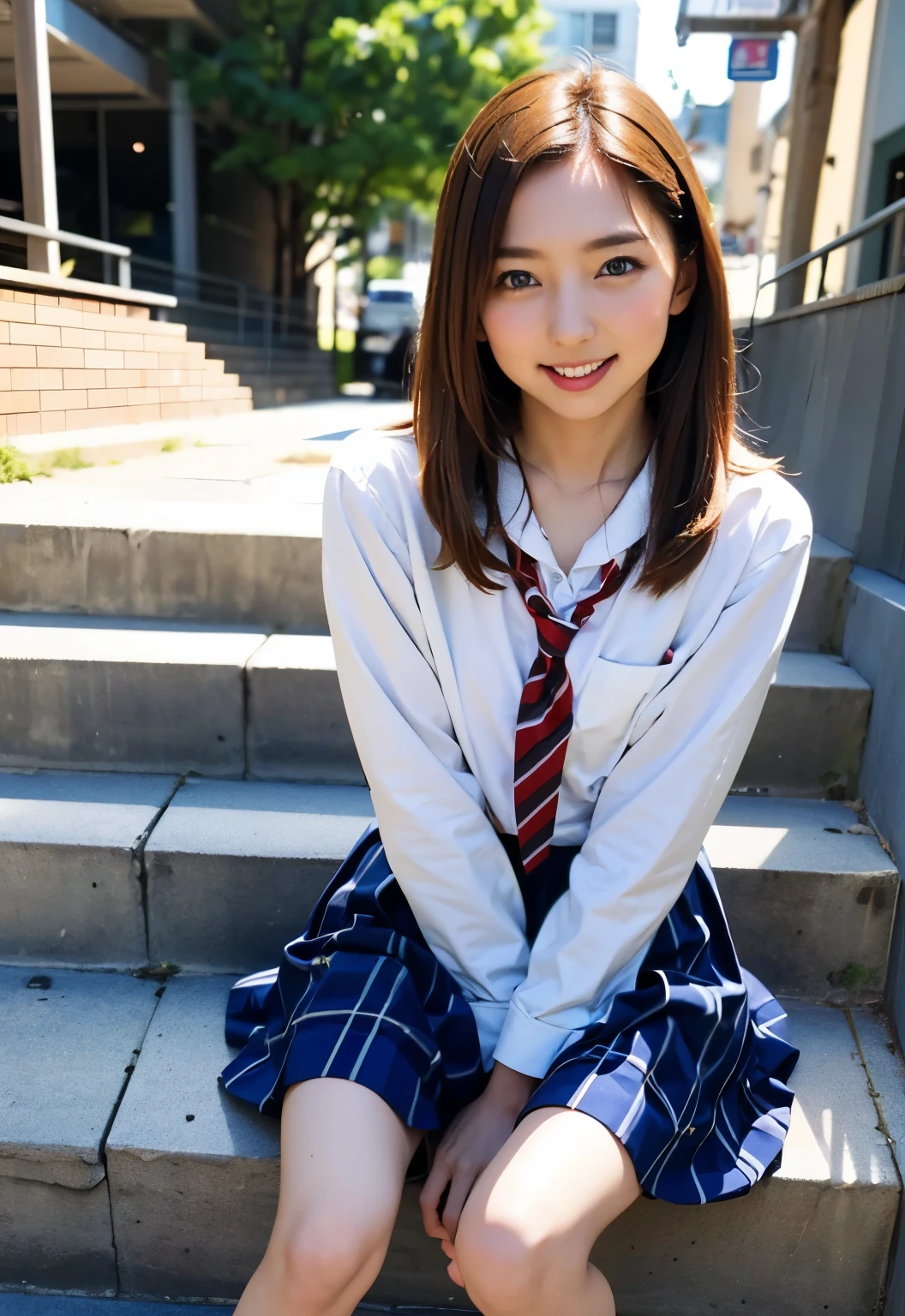 teens girl(​masterpiece:1.4)、(8K、realisitic、Raw photo、top-quality:1.4)、japanes、((Elementary school girl:1.3)), (sisters:1.3)、beauitful face、(Real Face:1.4)、(Caramel hair、long:1.3)、Beautiful hairstyle、realisticeyes、Beautiful Detail Eye、(Real Skin:1.3)、Beautiful skin、enticing、超A high resolution、A hyper-realistic、high-detail、the golden ratio、High School Girl Uniform Skirt、Pubic area visible、sit on stairs、((Bend your knees and open your legs))、frontage