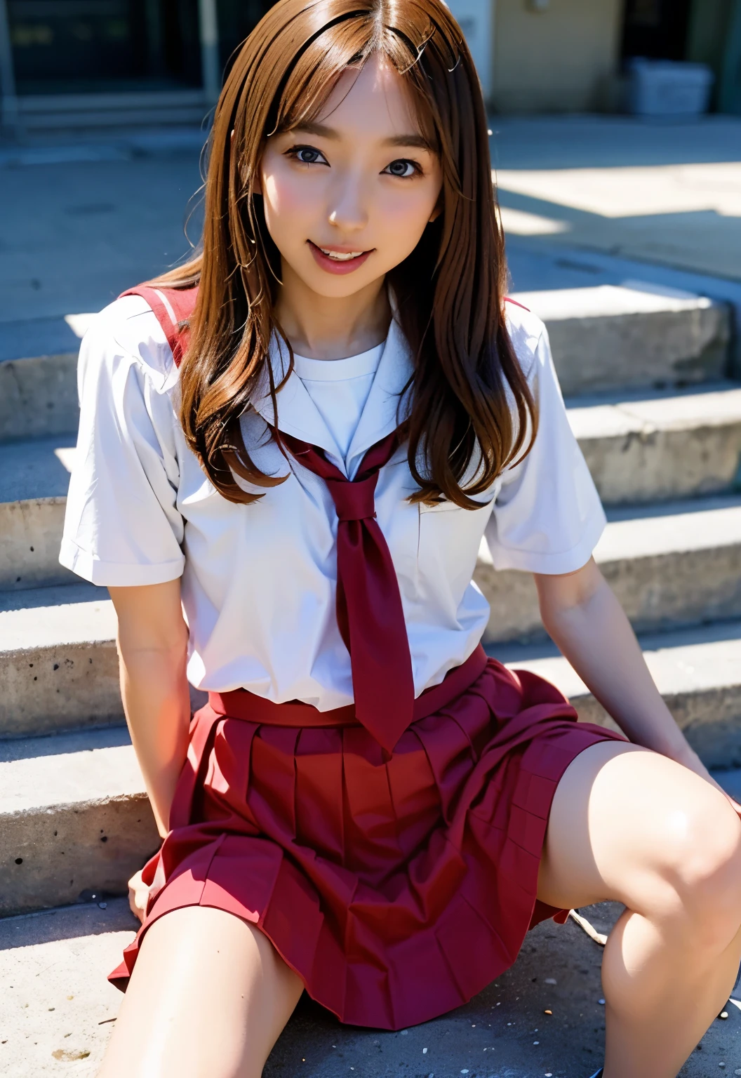 teens girl(​masterpiece:1.4)、(8K、realisitic、Raw photo、top-quality:1.4)、japanes、((Elementary school girl:1.3)), (sisters:1.3)、beauitful face、(Real Face:1.4)、(Caramel hair、long:1.3)、Beautiful hairstyle、realisticeyes、Beautiful Detail Eye、(Real Skin:1.3)、Beautiful skin、enticing、超A high resolution、A hyper-realistic、high-detail、the golden ratio、High School Girl Uniform Skirt、Pubic area visible、sit on stairs、((Bend your knees and open your legs))、frontage