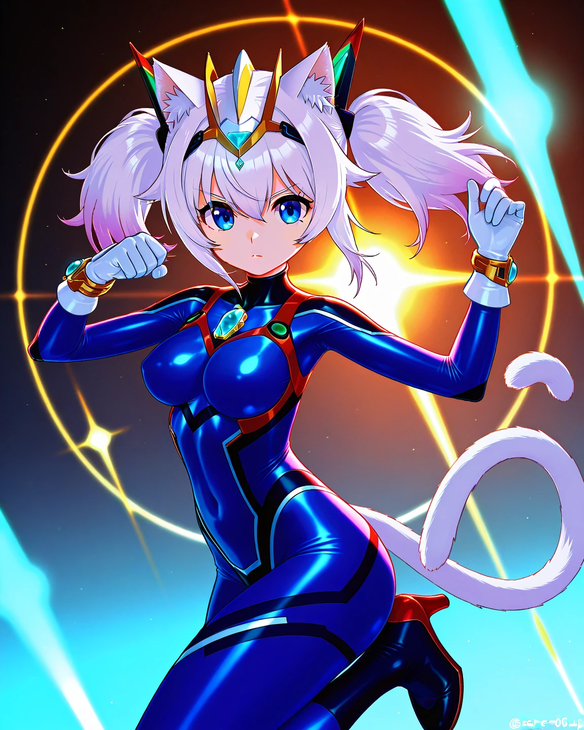 junneko,twintails,white hair,cat tail,cat ears,medium breasts,18yo,blue eyes, headgear,chest jewel,body markings,leg markings,white gloves,bracelet, blue jewel, bodysuit,skin tight,high heels, cowboy shot, solo, fighting, looking at viewer, score_9, score_8_up, score_7_up, score_6_up, score_5_up, score_4_up, source anime, masterpiece, best quality, high detailed , no background,
