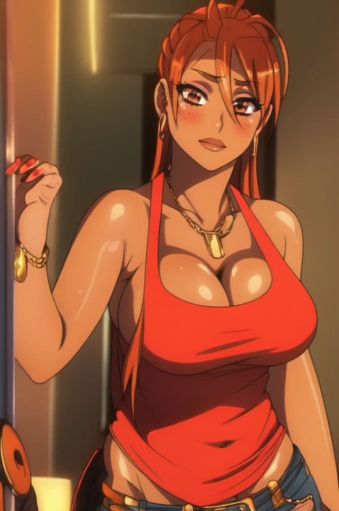 Rei miyamoto,tall body, tall, long legs, mature female, mature, adult, eft_hotd_orange, ((1girl)), ((solo)), orange hair, brown eyes,Big breasts, enormous large breasts, big cleavage, ((loose red tank top with cleavage and open navel)),black thong,Make up,((Eyeshadow)),red lips,((blue drob bar earring)),((Gold chained dog tag necklace)),1girl,Solo,Golden bracelet,curvy figure,Light blush,Half eyes expression,Gaze on viewer,colored Long nail,in love expression,Gaze on viewer,seductive and flirty,Spouty lips,Tattto,Close mouth,Short hair,Mix of happiness and sadness expression,tyding hair,After sex,Messy apartment,Blush,Soft smile,Curvy and plump figure,Curl african hair,Eyeshadow