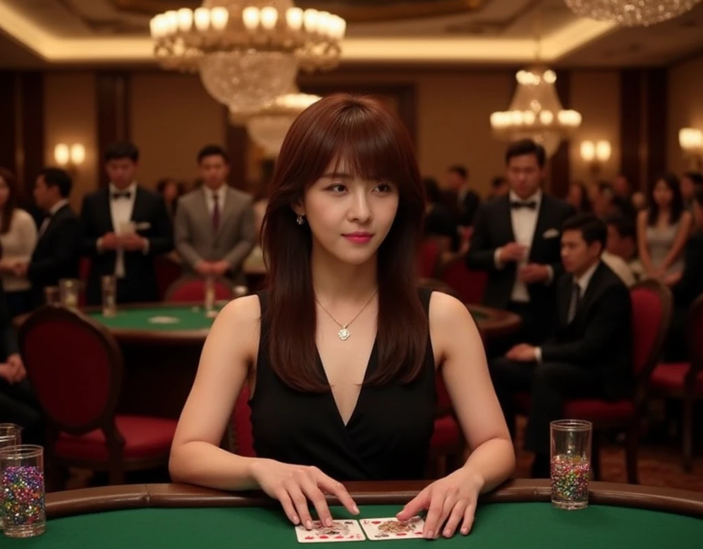 From above view, gaze trump card, 1 girl, mature female, Ha Jiwon of Gambler, (30-age, middle hair,  brown hair, fringe, serious, gold earring and neck-less), lady watch , Black evening dress,play gamble, trump Poker game , in casino, many guest looking her (masterpiece, Highest quality, masterpiece, God-like quality, Godly art, Very realistic)