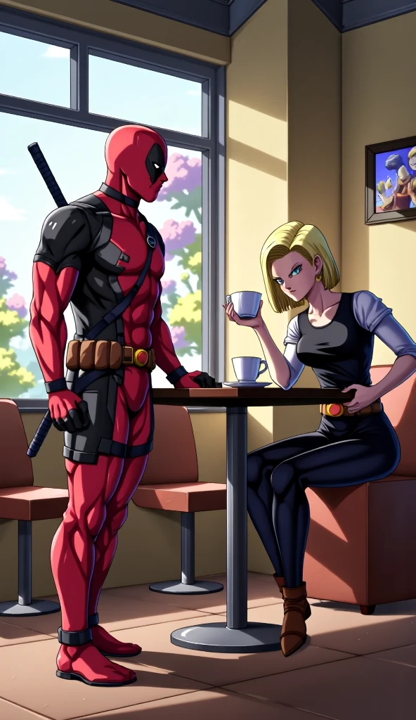 Deadpool walks into a café in the Dragon Ball universe and sees Number 18 drinking tea.  With her classic brazenness ,  is launched : ' Are you an android or an angel ?  Because my heart just overheated . 'She ignores it ,  but that doesn't stop it . 'Come on ,  I know you like immortal types .  It's like having free health insurance . 'The scene ends with 18 crushing his head against the table... but was that a little blush on his face?
