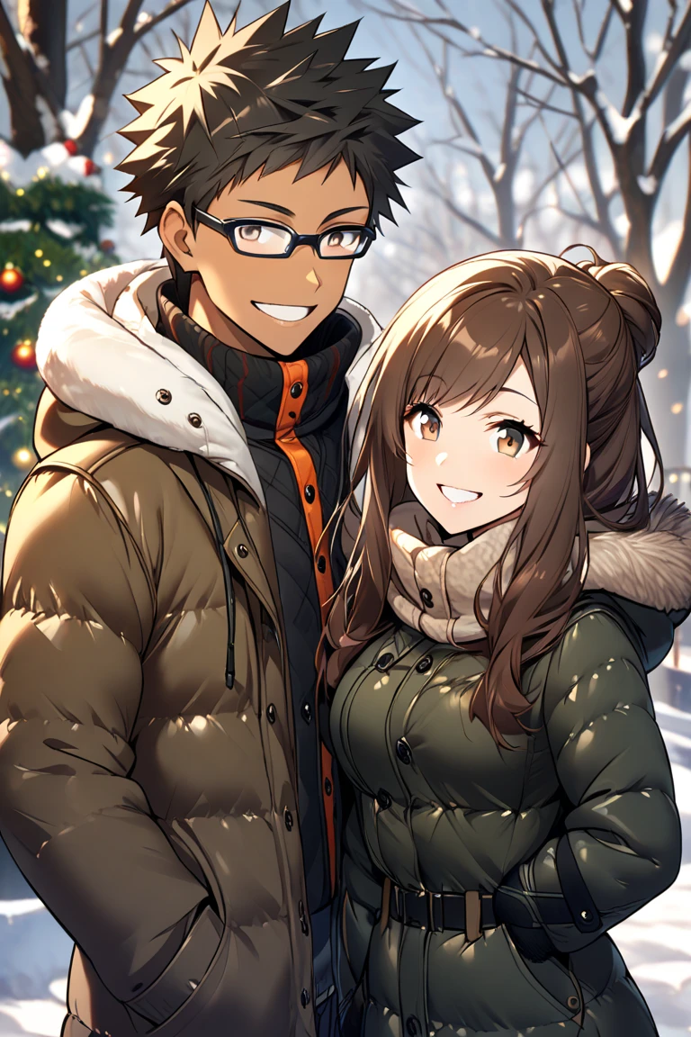 A boy, black hair, short hair, dark skin, black glasses, brown eyes, smile, winter outfit and a girl, dark brown hair, long hair, light skin, normal breasts, brown eyes, smile, winter outfit