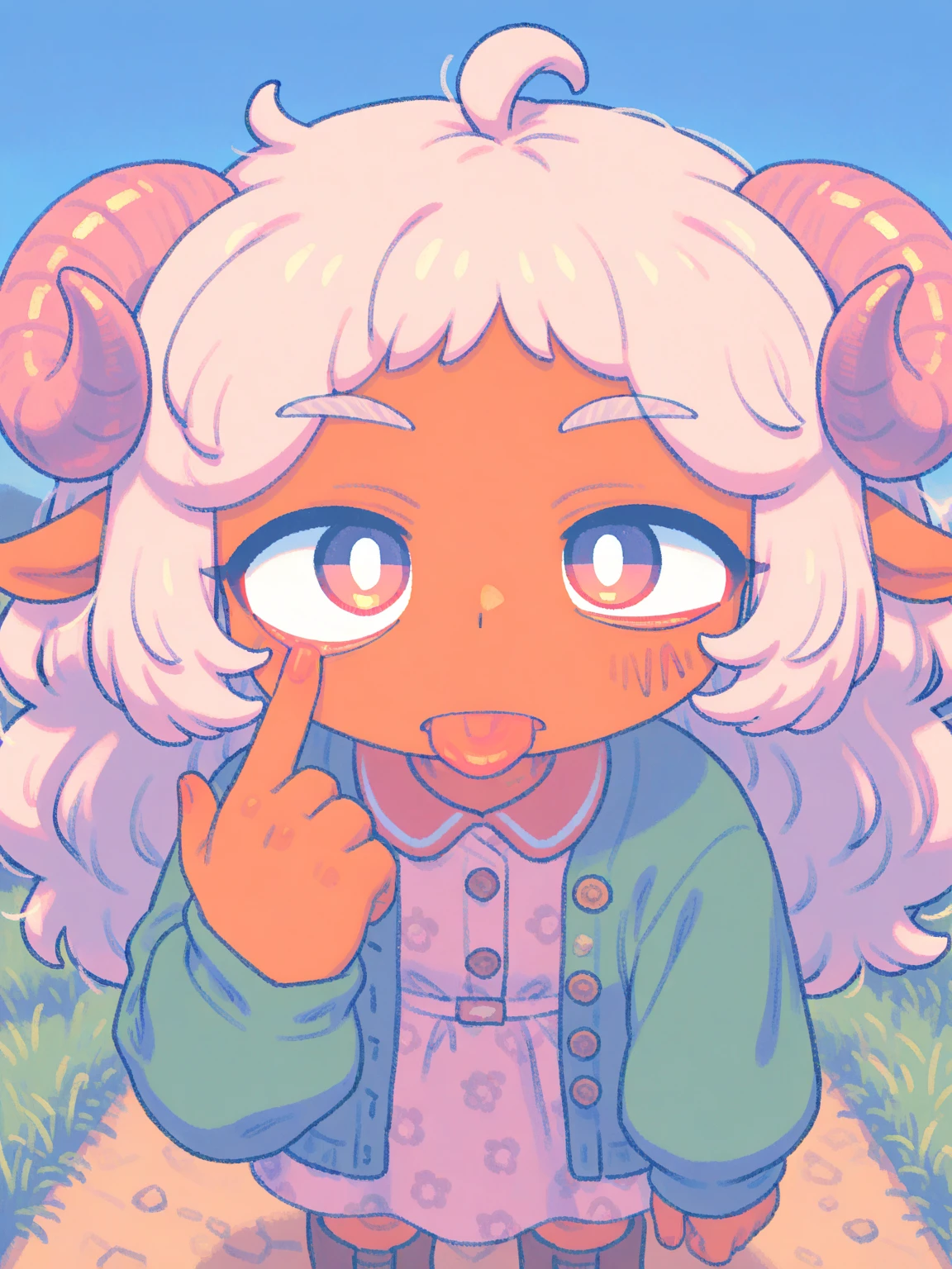 (Alone:1.2), 1 girl\( cute, Cute,( Evil Smiles ),Akanbe, eyelid Pull,   of popo art tongues,  place your finger on your eyes , hand uP, :P,  index finger raised  , closes one eye, ( pink fluffy hair, Sheep&#39;s round horns, Thick eyebrows,  pink dress,  sky blue cardigan ,  brown boots).(close uP of face:1.5),(close uP of face:1.5),PoP art, brightly colored , ( graffiti art:0.5)