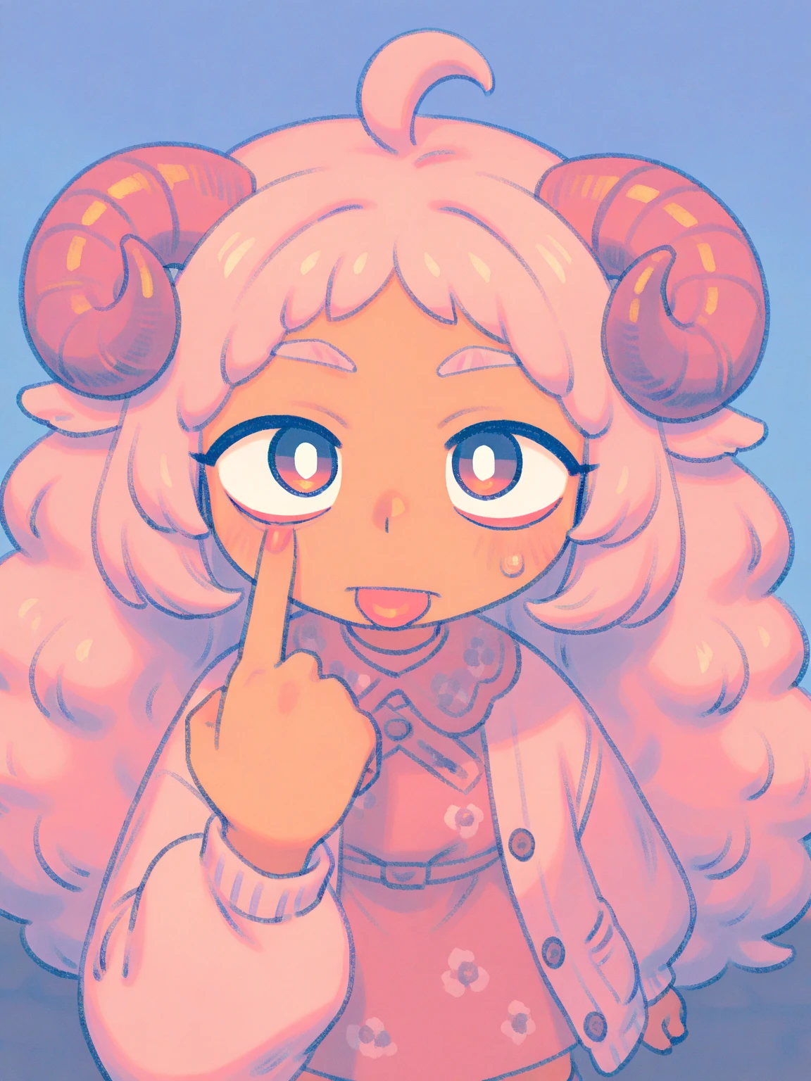 (Alone:1.2), 1 girl\( cute, Cute,( Evil Smiles ),Akanbe, eyelid Pull,   of popo art tongues,  place your finger on your eyes , hand uP, :P,  index finger raised  , closes one eye, ( pink fluffy hair, Sheep&#39;s round horns, Thick eyebrows,  pink dress,  sky blue cardigan ,  brown boots).(close uP of face:1.5),(close uP of face:1.5),PoP art, brightly colored , ( graffiti art:0.5)