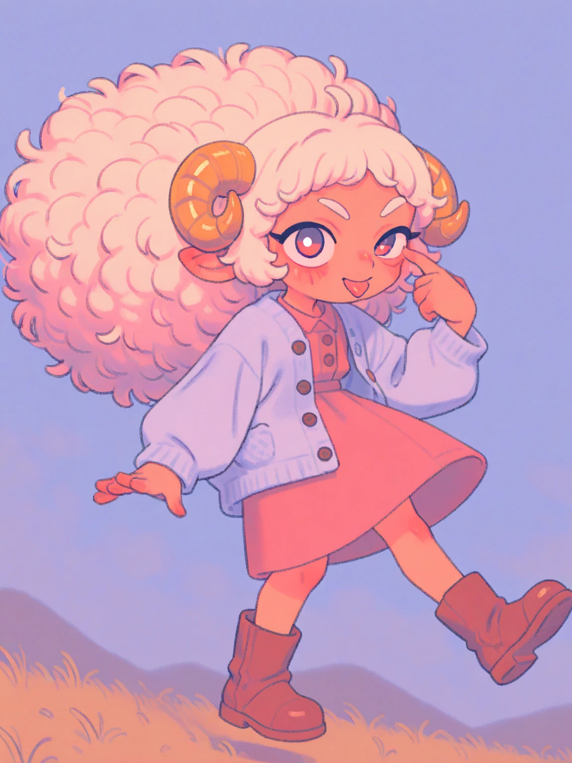 (Alone:1.2), 1 girl\( cute, Cute,( Evil Smiles ),Akanbe, eyelid Pull,   of popo art tongues,  place your finger on your eyes , hand uP, :P,  index finger raised  , closes one eye, ( pink fluffy hair, Sheep&#39;s round horns, Thick eyebrows,  pink dress,  sky blue cardigan ,  brown boots).(close uP of face:1.5),(close uP of face:1.5),PoP art, brightly colored , ( graffiti art:0.5)