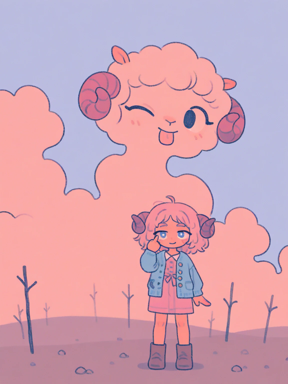 (Alone:1.2), 1 girl\( cute, Cute,(smile), Stick your tongue out, eyelid pull,  of popo art tongues,  place your finger on your eyes , hand up, :p,  index finger raised  , closes one eye, ( pink fluffy hair, Sheep&#39;s round horns, Thick eyebrows,  pink dress,  sky blue cardigan ,  brown boots).(close up of face:1.5),(close up of face:1.5), pop art,  brightly colored , ( graffiti art:0.5)