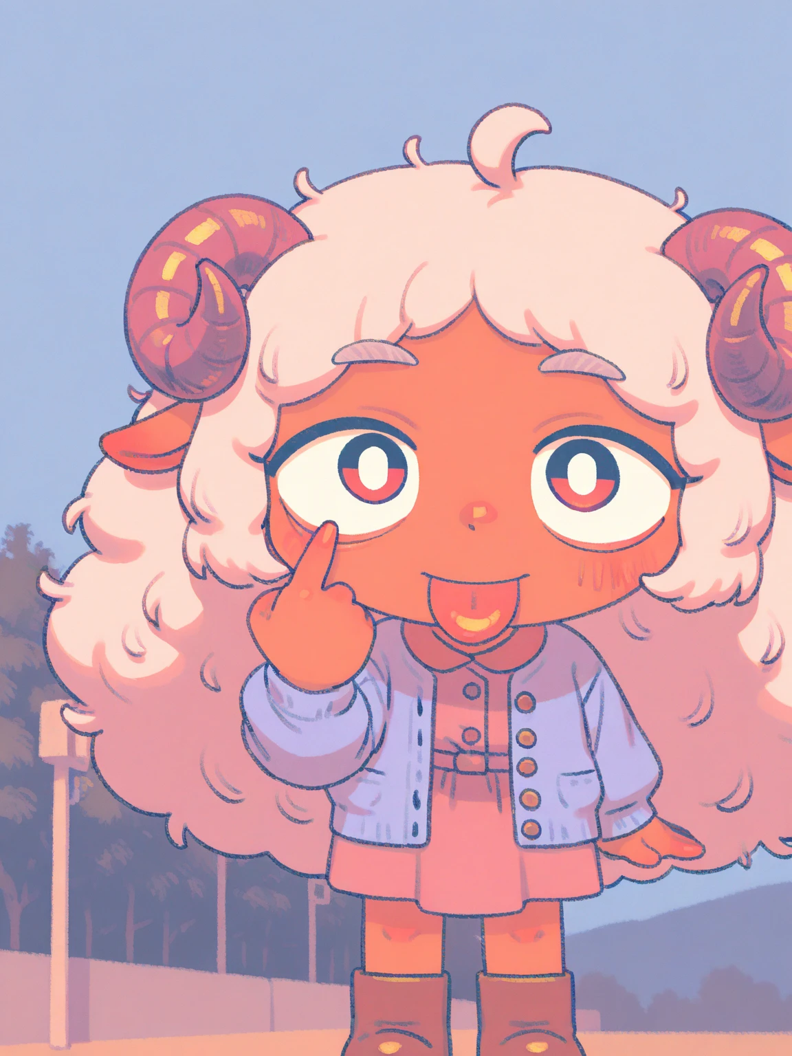 (Alone:1.2), 1 girl\( cute, Cute,( Evil Smiles ),Akanbe, eyelid Pull,   of popo art tongues,  place your finger on your eyes , hand uP, :P,  index finger raised  , closes one eye, ( pink fluffy hair, Sheep&#39;s round horns, Thick eyebrows,  pink dress,  sky blue cardigan ,  brown boots).(close uP of face:1.5),(close uP of face:1.5),PoP art, brightly colored , ( graffiti art:0.5)