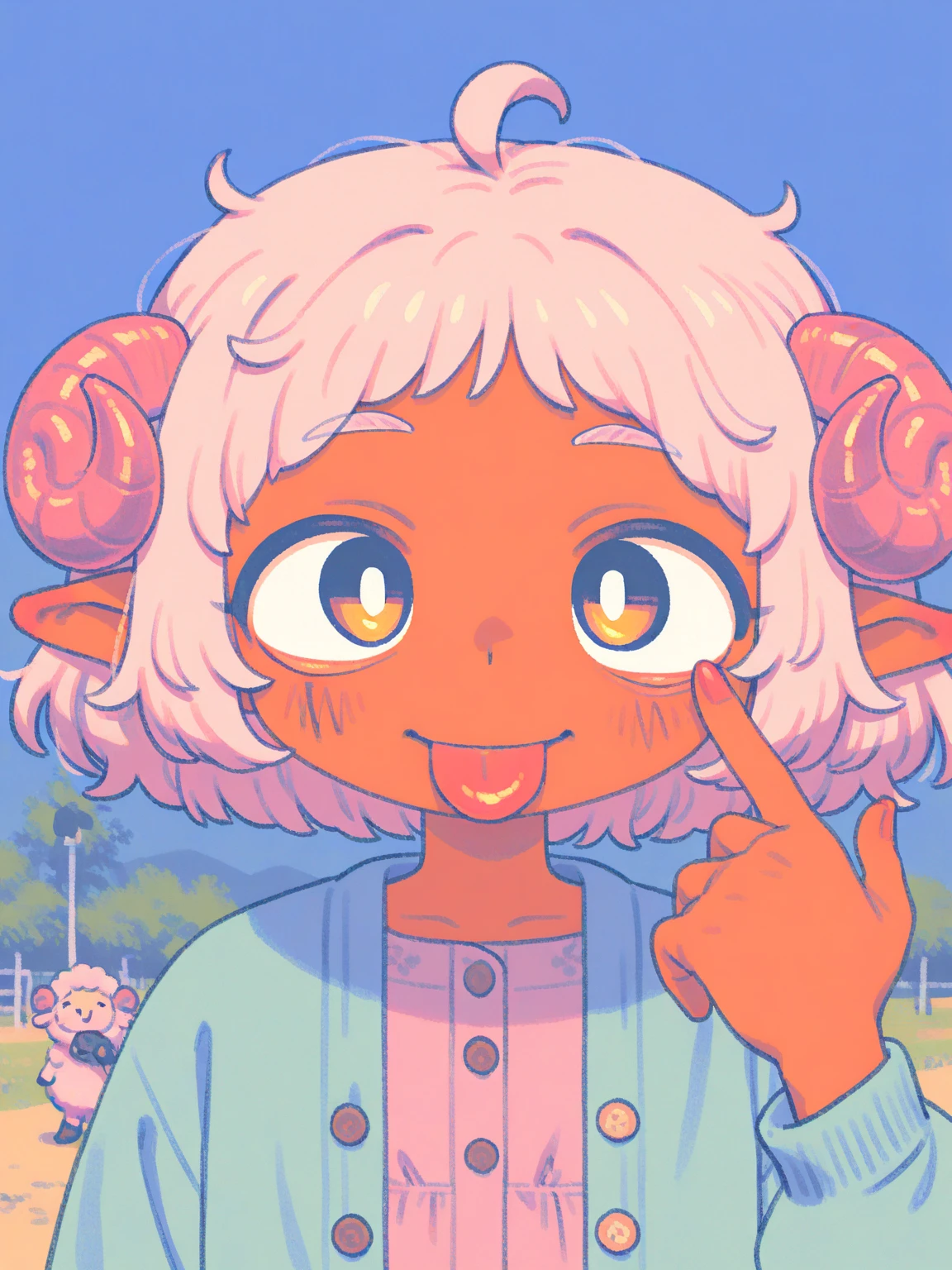 (Alone:1.2), 1 girl\( cute, Cute,( Evil Smiles ),Akanbe, eyelid Pull,   of popo art tongues,  place your finger on your eyes , hand uP, :P,  index finger raised  , closes one eye, ( pink fluffy hair, Sheep&#39;s round horns, Thick eyebrows,  pink dress,  sky blue cardigan ,  brown boots).(close uP of face:1.5),(close uP of face:1.5),PoP art, brightly colored , ( graffiti art:0.5)