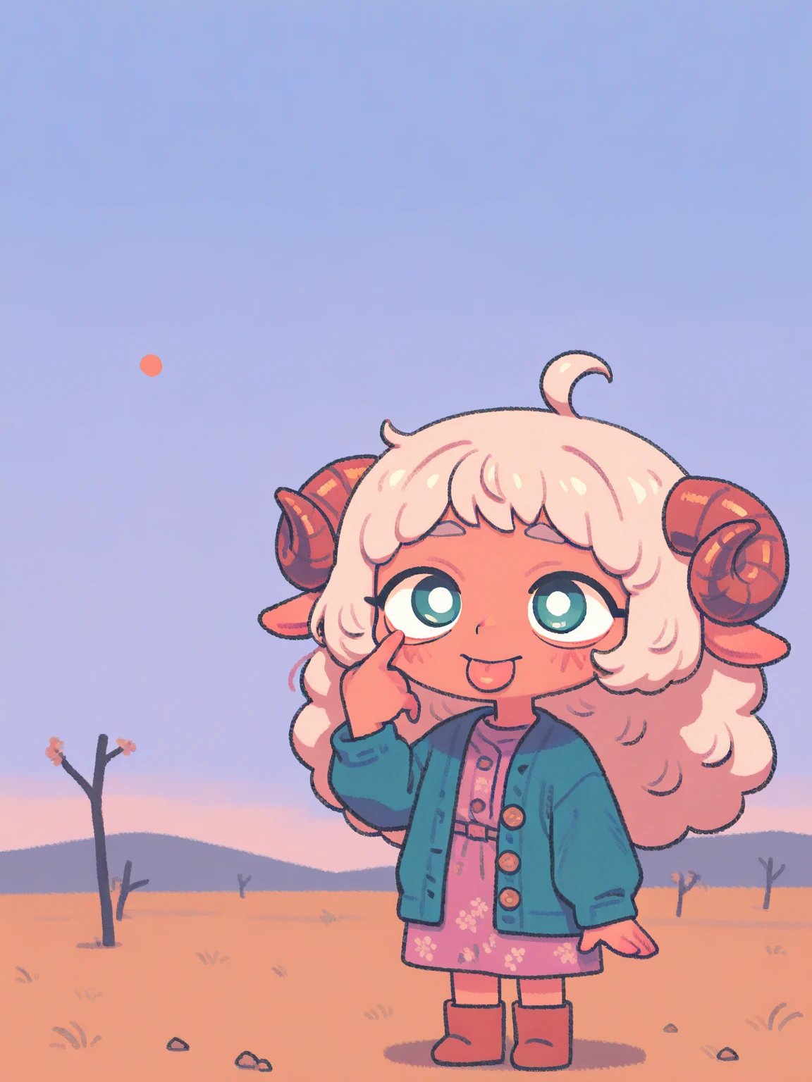 (Alone:1.2), 1 girl\( cute, Cute,( Evil Smiles ),Akanbe, eyelid Pull,   of popo art tongues,  place your finger on your eyes , hand uP, :P,  index finger raised  , closes one eye, ( pink fluffy hair, Sheep&#39;s round horns, Thick eyebrows,  pink dress,  sky blue cardigan ,  brown boots).(close uP of face:1.5),(close uP of face:1.5),PoP art, brightly colored , ( graffiti art:0.5)