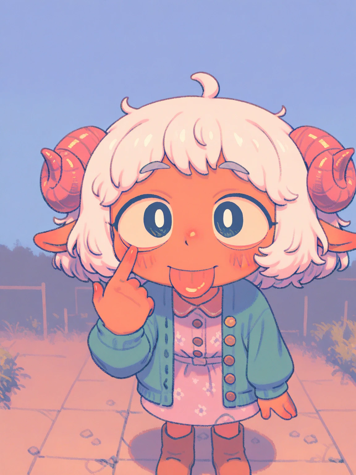 (Alone:1.2), 1 girl\( cute, Cute,( Evil Smiles ),Akanbe, eyelid Pull,   of popo art tongues,  place your finger on your eyes , hand uP, :P,  index finger raised  , closes one eye, ( pink fluffy hair, Sheep&#39;s round horns, Thick eyebrows,  pink dress,  sky blue cardigan ,  brown boots).(close uP of face:1.5),(close uP of face:1.5),PoP art, brightly colored , ( graffiti art:0.5)