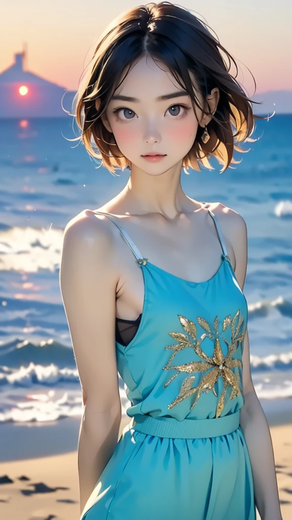 one girl, ***** face, cute face, ash gray hair:1.5, bob hair, short hair, camera's line of sight, small breasts, An ennui look, (((camisole, dress))) , particles of light, sea of ​​sunset, calm sea, white sand beach, very beautiful sunset, RAW photo, highest quality, High resolution, High resolution, masterpiece:1.3, 8k, 12k, professional photographer,((Extremely precise and accurate anatomy:1.0)),Kind eyes,Graceful pose,(Beauty of form:1.4) Golden ratio, big eye,(nature's providence:1.4),