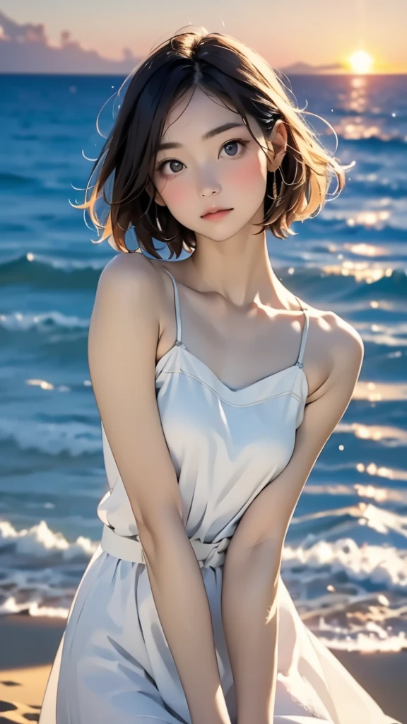 one girl, ***** face, cute face, ash gray hair:1.5, bob hair, short hair, camera's line of sight, small breasts, An ennui look, (((camisole, dress))) , particles of light, sea of ​​sunset, calm sea, white sand beach, very beautiful sunset, RAW photo, highest quality, High resolution, High resolution, masterpiece:1.3, 8k, 12k, professional photographer,((Extremely precise and accurate anatomy:1.0)),Kind eyes,Graceful pose,(Beauty of form:1.4) Golden ratio, big eye,(nature's providence:1.4),