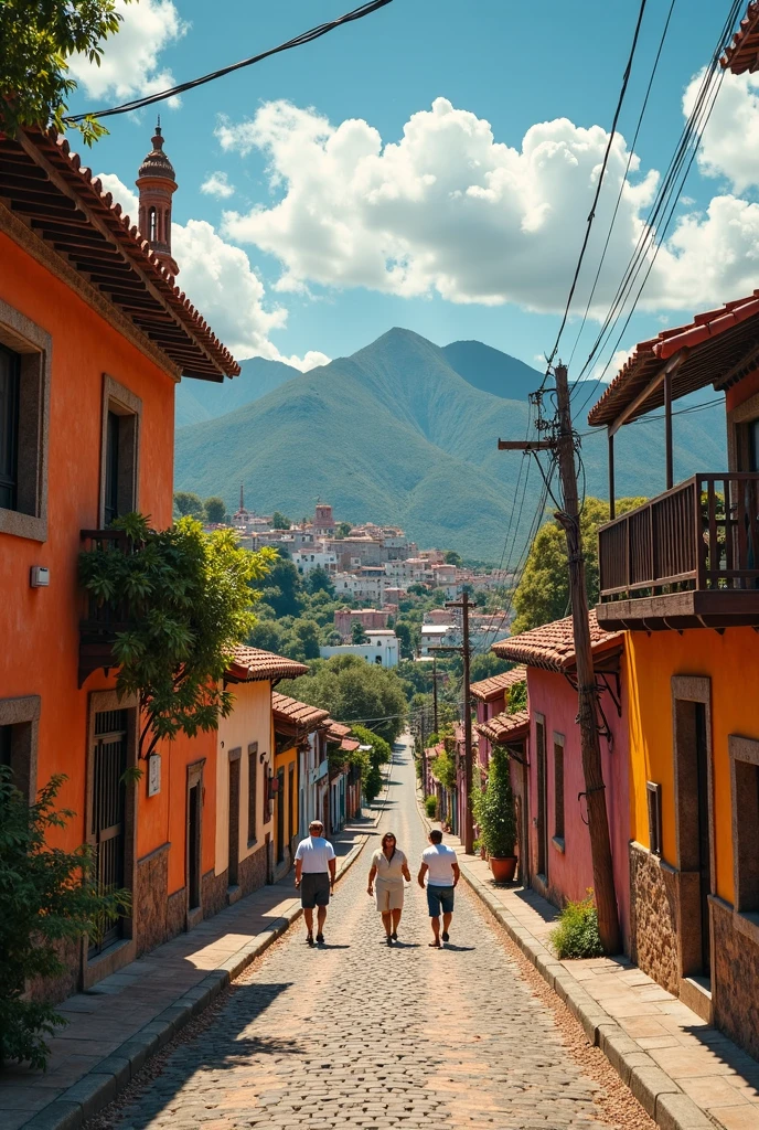 vila colorida, casas e jardins, pessoas trabalham juntas cuidando de plantas, animais e casas. Todos colaboram e compartilham, Creating an environment of cooperation, solidariedade. montanhas, Blue skies complete the serene landscape, Inviting exploration, aprendizado.