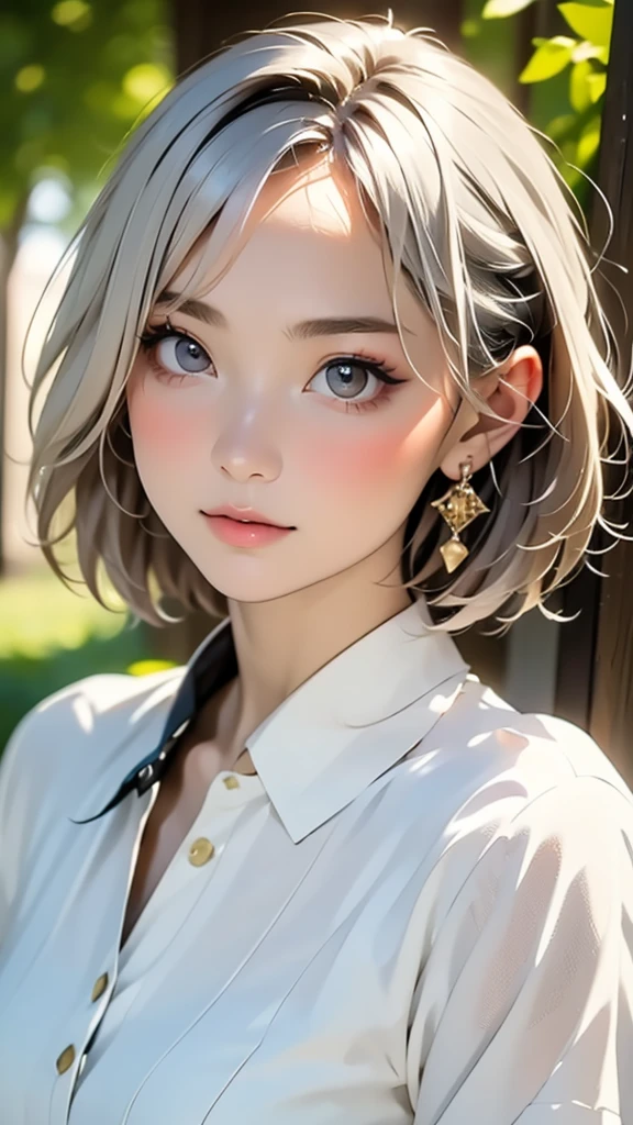 (highest quality, masterpiece), One girl, beautiful girl, Brown_eye, ((hair color [Silver hair], [Pixie cut with front hair] hair)), Earrings, lips, Short sleeve,Realistic, Tight waist, Charm, Colorful Makeup, Long eyelashes, Fair skin, (cute), (Detailed face), Detailed eye, Detailed iris,((Extremely precise and accurate anatomy:1.0)),Kind eyes,Graceful pose,(Beauty of form:1.4) Golden ratio, big eye,(nature's providence:1.4),