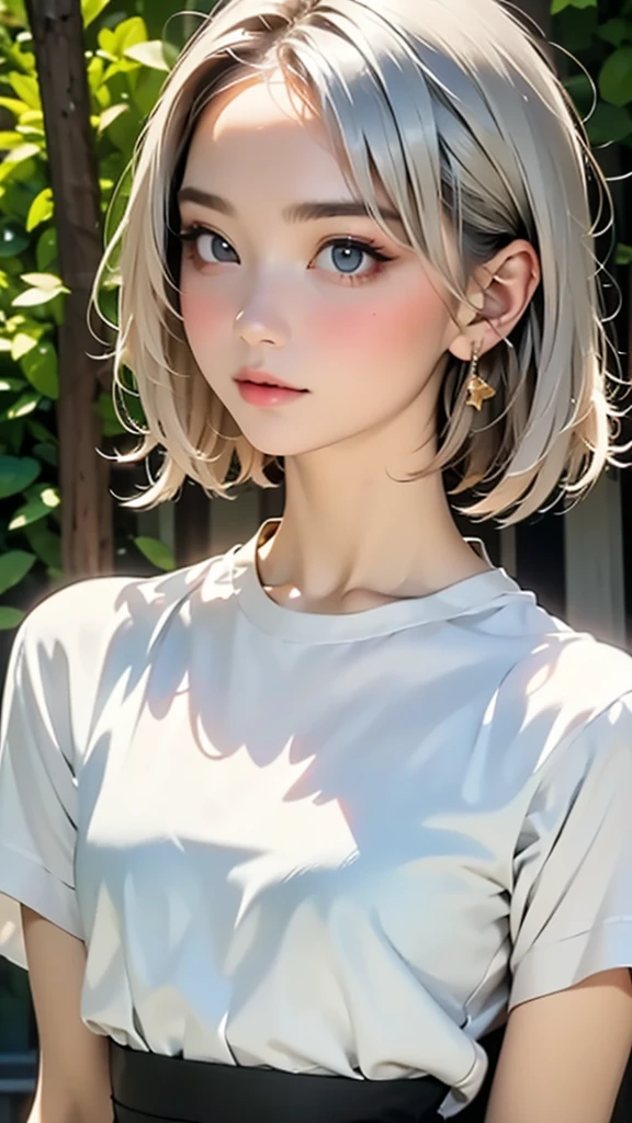 (highest quality, masterpiece), One girl, beautiful girl, Brown_eye, ((hair color [Silver hair], [Pixie cut with front hair] hair)), Earrings, lips, Short sleeve,Realistic, Tight waist, Charm, Colorful Makeup, Long eyelashes, Fair skin, (cute), (Detailed face), Detailed eye, Detailed iris,((Extremely precise and accurate anatomy:1.0)),Kind eyes,Graceful pose,(Beauty of form:1.4) Golden ratio, big eye,(nature's providence:1.4),