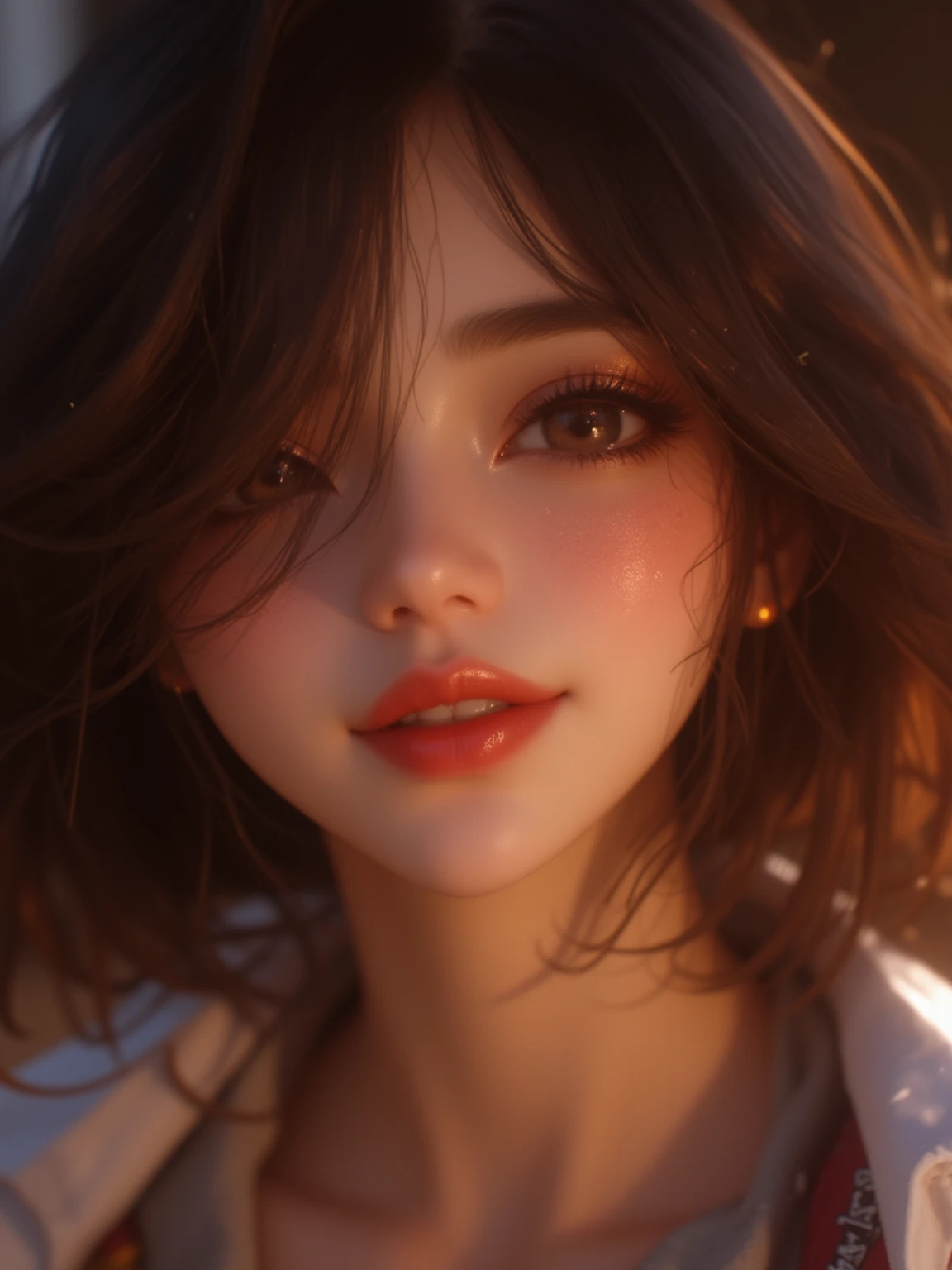 there is a woman with a black shirt and earrings smiling, kawaii realistic portrait, photorealistic anime girl render, realistic cute girl painting, smooth anime cg art, 8k high quality detailed art, 8k portrait render, detailed portrait of anime girl, highly detailed portrait, detailed beautiful portrait, realistic artstyle, stunning anime face portrait, high quality portrait, ultra detailed portrait