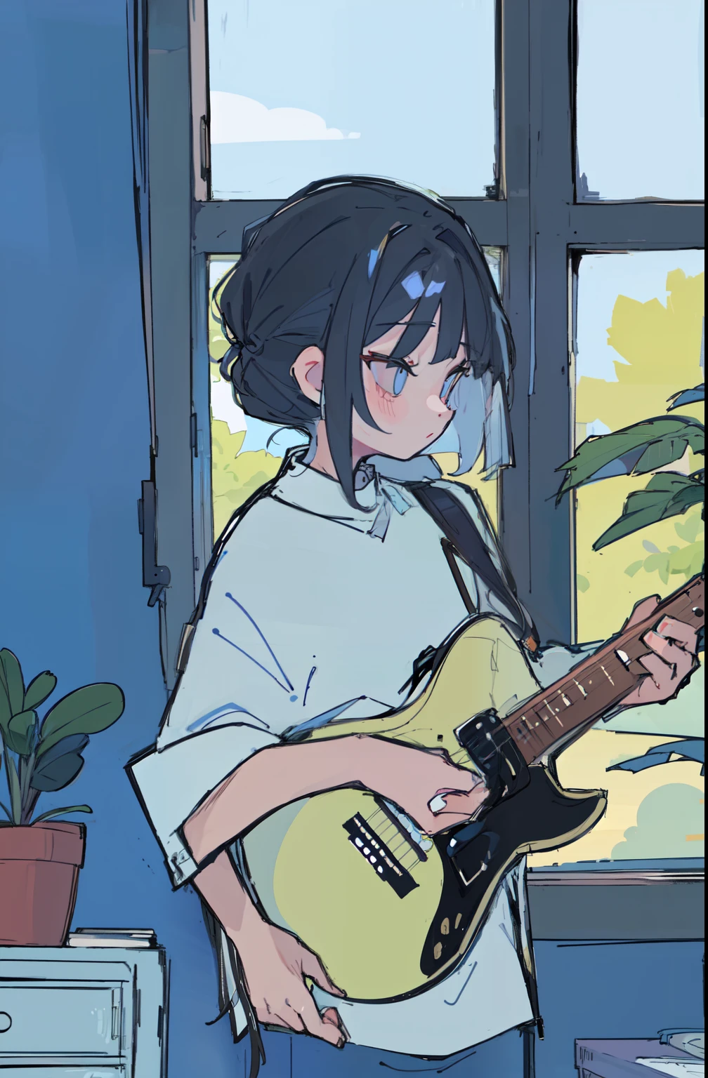 (One Girl), 20-year-old, Detailed explanation, Black-haired, Hair length, (White underwear), White shirt, In front of a large window, (Standing at the window), play the guitar, Backward view, Inside the room, Hardwood Floors, Bookshelf, Foliage plant, Big cloud outside the window, Portrait,blue sky