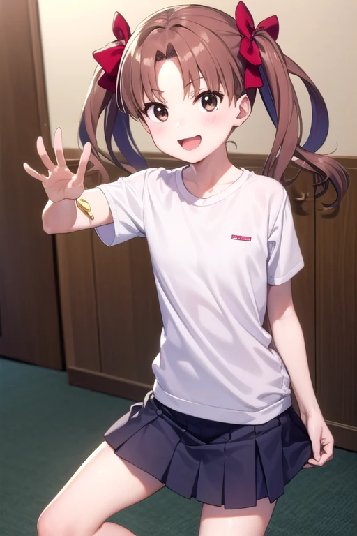  best masterpiece wearing a down jacket and miniskirt ， One young girl，Alone,    long hair, Chest,    show viewer   ,smile, Brown Hair,    shirt, bow,    twin tails,    brown eyes, white t-   shirt, hair bow, Bloomers:1.3, indoor,    clitoris:1.3， excited expression:1.4, Kuroko Shirai, ，  playful gesture ，