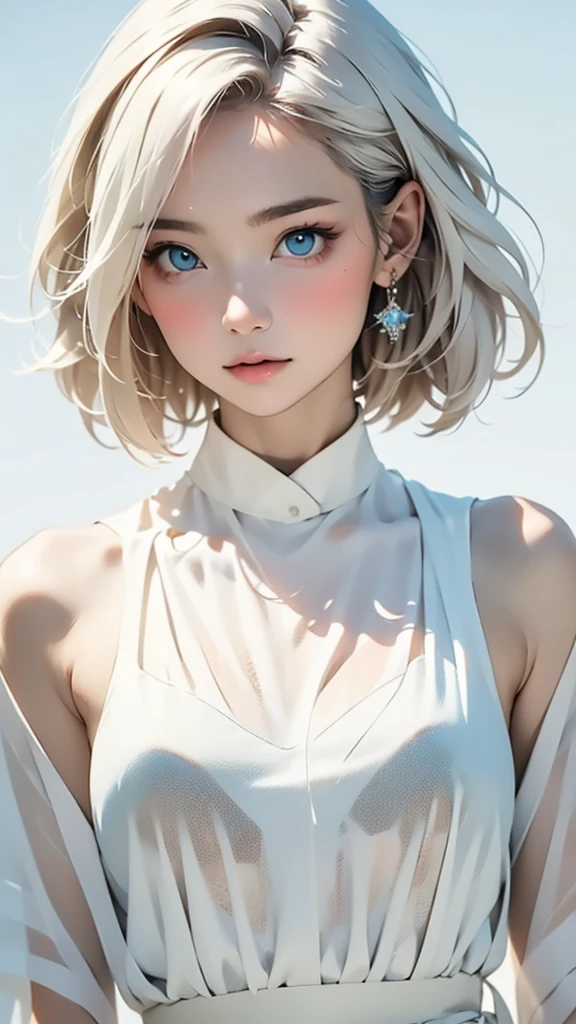 (masterpiece, best quality:1.2), 8k, 85mm, raw photo, absurdres, white and cyan theme, (liquid clothes, liquid dress:1.4), white hair, gradient dress, delicate girl, upper body, close up face, shiny skin, teen, looking at viewer, HDR, sharp focus, particle, twilight sky, detailed eyes and face, white hair, simple background,(Enhances the beauty of skin texture:1.1),((Extremely precise and accurate anatomy:1.0)),Kind eyes,Graceful pose,