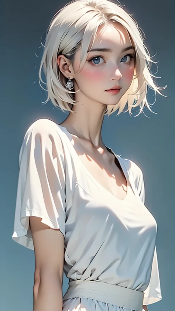 (masterpiece, best quality:1.2), 8k, 85mm, raw photo, absurdres, white and cyan theme, (liquid clothes, liquid dress:1.4), white hair, gradient dress, delicate girl, upper body, close up face, shiny skin, teen, looking at viewer, HDR, sharp focus, particle, twilight sky, detailed eyes and face, white hair, simple background,(Enhances the beauty of skin texture:1.1),((Extremely precise and accurate anatomy:1.0)),Kind eyes,Graceful pose,