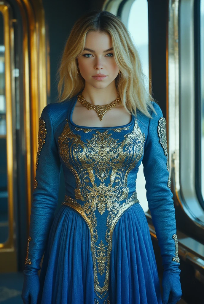  Milly Alcock,blonde hair,blue imperial dress with gold details,Sci-Fi style