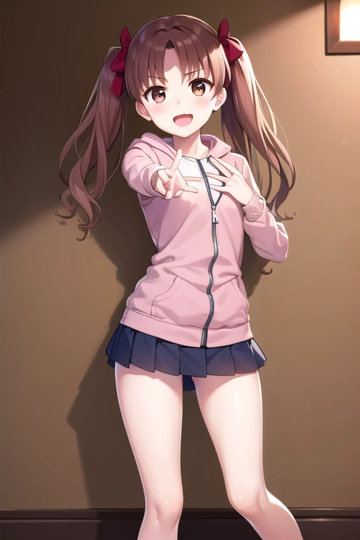  Highest Masterpieces，One young girl, Alone,   long hair, Chest,   show viewer  ,smile, Brown Hair,   Down Jacket, bow,   twin tails,   brown eyes,  miniskirt, hair bow,  panties:1.3, indoor,   clitoris:1.3，Excited facial expression:1.4, Kuroko Shirai, blush， playful gesture，