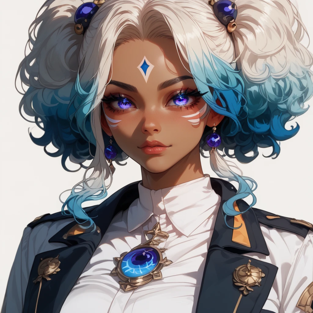 (masterpiece, best quality, ultra-detailed, highres, best illustration),perfect face,sidelighting, lustrous skin,(bloom), (shine), ray tracing,1girl, dark skin, dark-skinned female, solo, jewelry, very dark skin, earrings, mole, blue background, smile, looking at viewer, mole under mouth, black hair, blue eyes, curly hair, afro,  shoulders, makeup, eyeshadow, parted lips, star \(symbol\), watermark, hoop earrings,depth_of_field, city background,very detailed background,extreme light and shadow,beautiful detailed eyes, perfect lighting , perfect anatomy,(extremely detailed illustrated 8k wallpaper), vivid colors,(zentangle, mandala, tangle, entangle:0.6), extreme light and shadow, bloom, shine, dynamic angle,