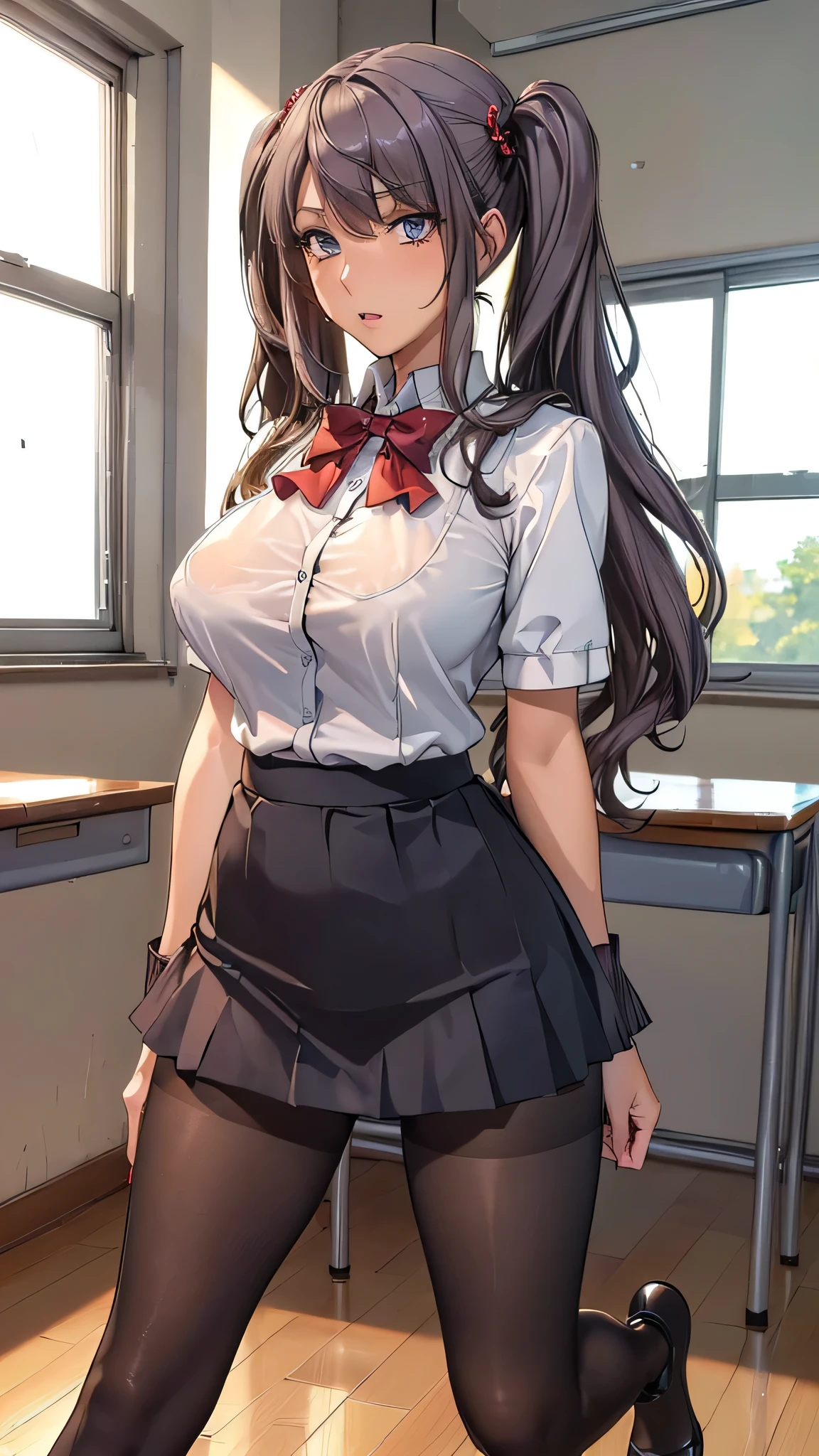 (masterpiece, High Definition , top quality :1.3), professional artwork, 8k, very detailed,((( gal))),(( pleated mini skirt)),(( high school girl)),(( school uniform)),(( pantyhose)),(((Mature Woman))),((( sexy panties))),((blouse)),(( beautiful feet)),(()),(((Big Breasts))),((Long, long hair)),(( twin tails)), squats, school classroom, Open Your Legs Big