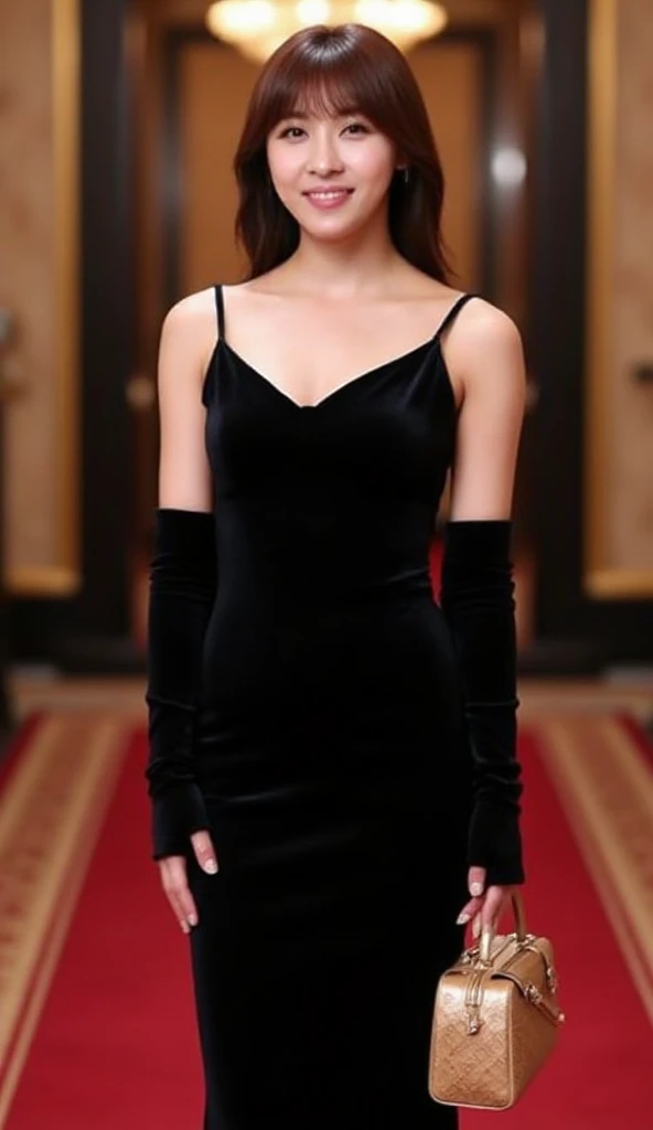 (Super Photographic, realism photo ), Front view , looking at viewer , standing pose, Full body, on floor in Casino,  1 female, beautiful face, Korean woman , Ha jiwon of Gambler, 30-age, (short  hair, dark brown hair, fringe, smile) , D cup breasts,  slim body, Black velvet evening dress , black long glove, hold 1 lady Louis Vuitton bag,  in Korean casino, ((anatomically correct, textured skin, masterpiece, Highest quality, masterpiece, God-like quality, Godly art, Very realistic))