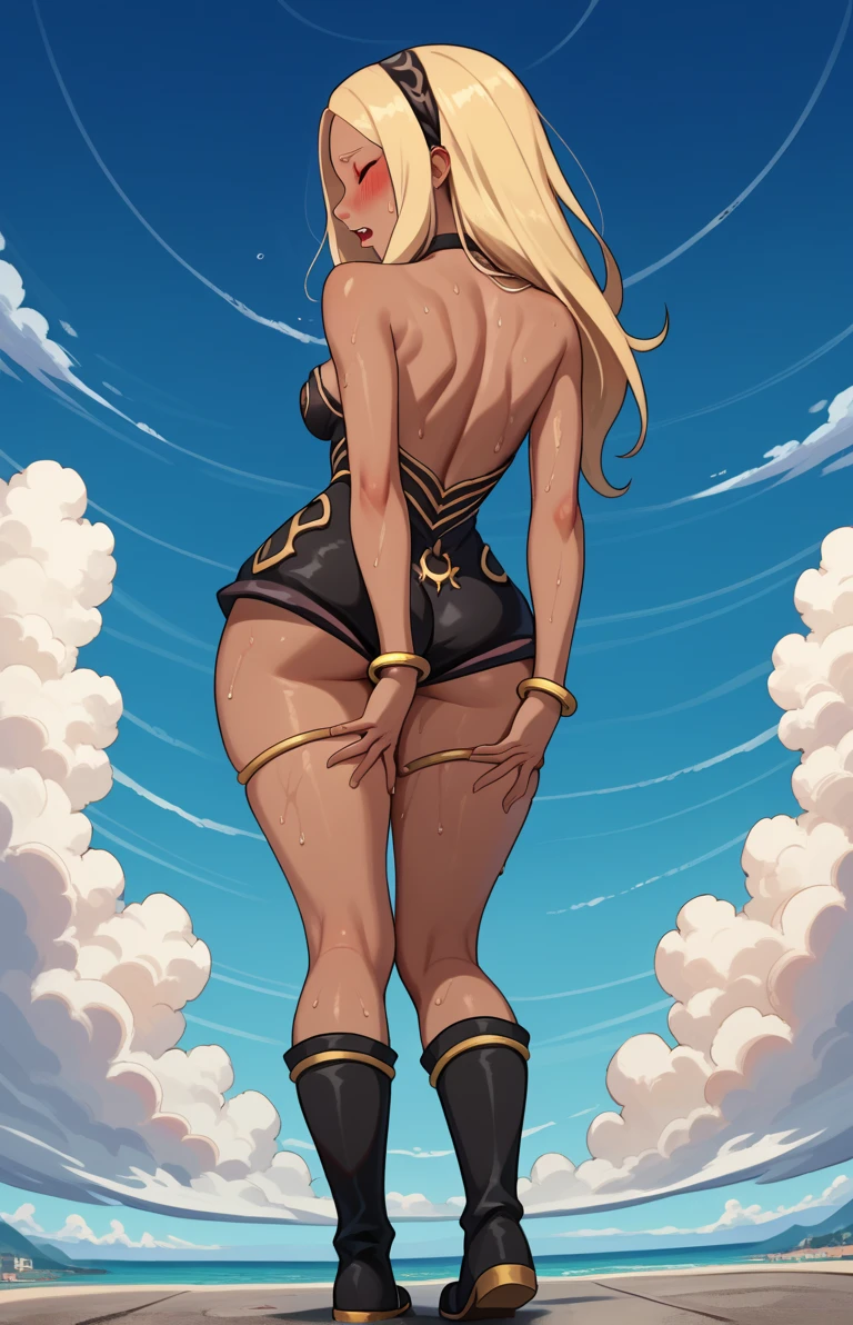 2 girls, elf, dark skinned with tanlines, topless, beach, small breasts, fat ass, bubble booty, pirate boots, covered in cum, covered in money, high quality resolution, very high quality, beautiful anime eyes, comparing asses
