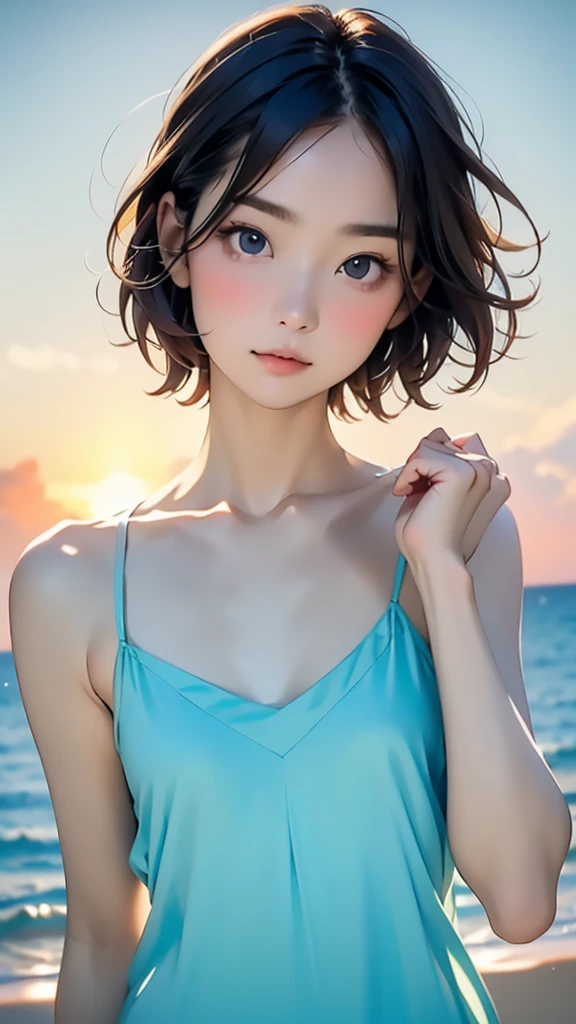 one girl, ***** face, cute face, ash gray hair:1.5, bob hair, short hair, camera's line of sight, small breasts, An ennui look, (((camisole, dress))) , particles of light, sea of ​​sunset, calm sea, white sand beach, very beautiful sunset, RAW photo, highest quality, High resolution, High resolution, masterpiece:1.3, 8k, 12k, professional photographer,((Extremely precise and accurate anatomy:1.0)),Kind eyes,Graceful pose,(Beauty of form:1.4) Golden ratio, big eye,(nature's providence:1.4),