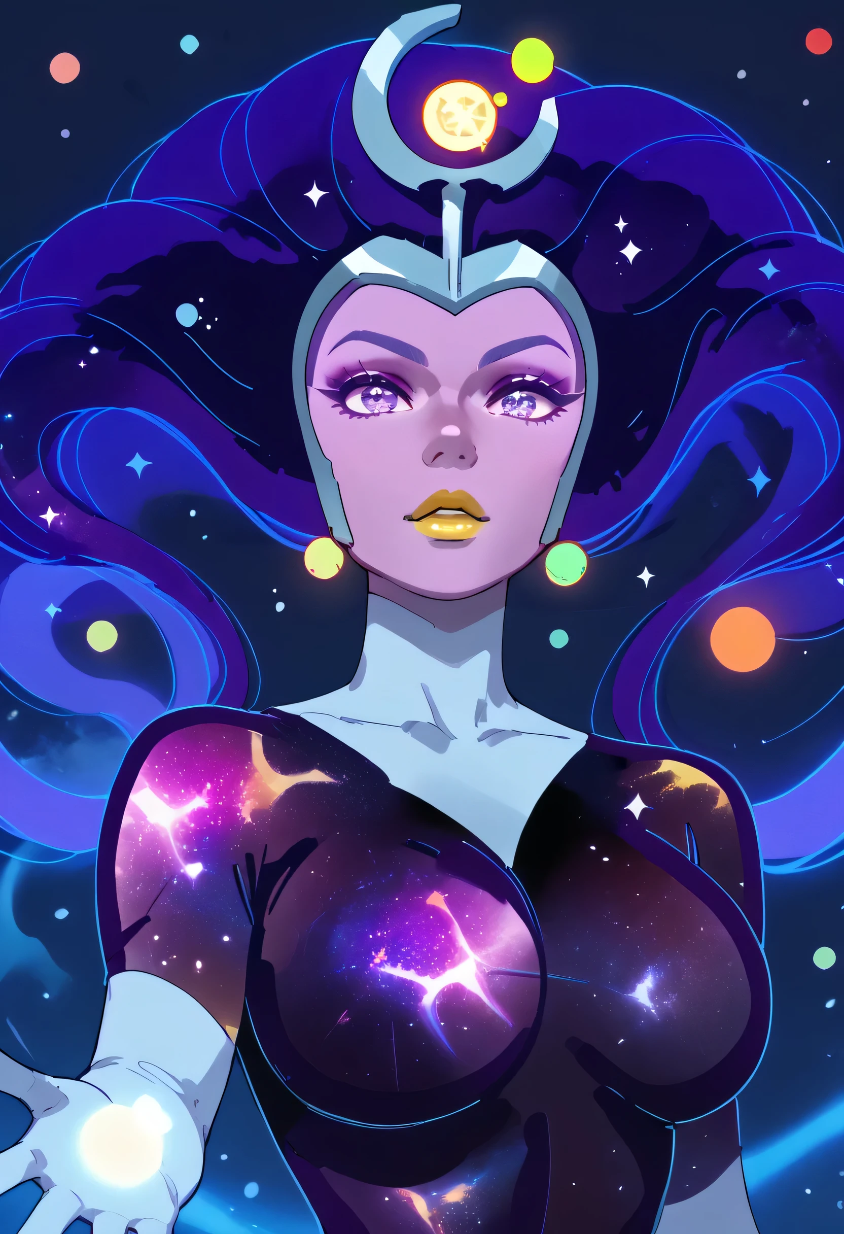 woman, big breasts, anime style, yellow lipstick, Supernova, cosmic hair, long hair, bright purple eyes, galaxies, purple skin