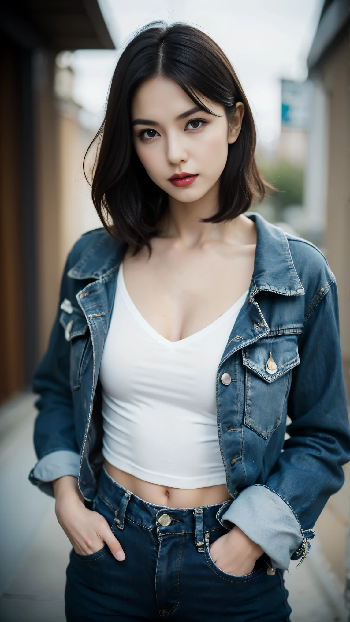 (colored picture), Photo realistic of beautiful asian、slender abs, (Dark brown short haircut), medium breast, round shape breast, perfect shape breast,((dark black fabric bra )),((wearing denim jacket, deep neck line, police badge)), As she confidently posing for camera, , the background is a blur of motion and ((bokeh)), with light streaming from right to left. a sense of connection to the viewer, full body, raining