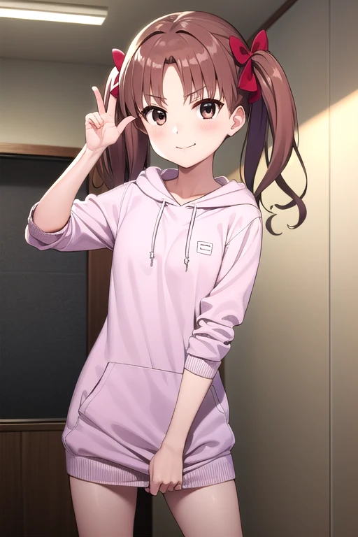  Highest Masterpieces，One young girl, Alone,   long hair, Chest,   show viewer  ,smile, Brown Hair,   hoodie, bow,   twin tails,   brown eyes,  knitted dress, hair bow,  panties:1.3, indoor,   clitoris:1.3，Excited facial expression:1.4, Kuroko Shirai, blush， playful gesture，