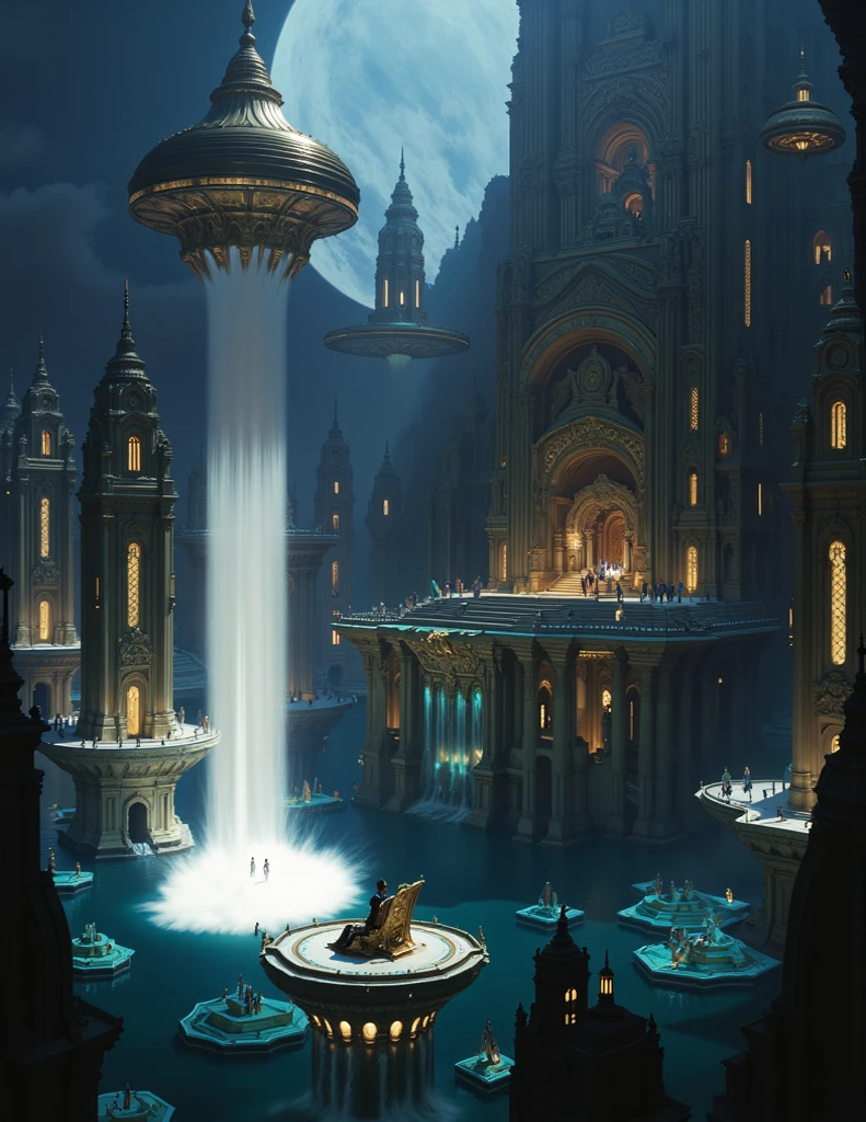 elaborate, surreal cityscape blending ancient south Indian architecture with futuristic elements. The scene is bathed in ethereal moonlight from a large, pale moon, creating dramatic shadows and highlights across the structure. In the foreground, a circular platform floats above a body of turquoise water, featuring ornate carvings from ancient India and surrounded by multiple small waterfalls cascading into the depths below. A luxurious golden throne-like chair with intricate designs sits at the center of this platform, occupied by a figure reclining comfortably. Below, several hexagonal platforms with teal-colored book-shaped structures float on the water's surface, connected by thin streams of flowing water. The midground showcases a grand, multi-tiered south Indian temple building adorned with arches, columns, balustrades, colorful gopurams, and intricate carvings, emphasizing its opulence. Statues, balustrades, and domed rooftops add to the architectural richness. A central circular platform features a circular hot spring or fountain surrounded by figures engaged in various activities. The background includes towering structures resembling ancient Indian temples with multiple colorful gopuram with illuminated windows, glowing blue lanp lights, and glowing blue accents emitting bright light beams. A large, ornate floating ancient Indian vimana/structure hovers suspended in the air, emitting beams of light that illuminate the entire scene. This futuristic spaceship has a domed, bulbous shape with intricate patterns, colorful lights, and a metallic sheen. Its silvery body reflects the ambient light, creating a shimmering effect against the dark blue sky. Birds can be seen flying near the floating structure, adding life to the celestial setting. The color palette consists of deep navy blue, emerald green, ivory white, gold, and aqua tones, contributing to the mystical atmosphere of this otherworldly city.