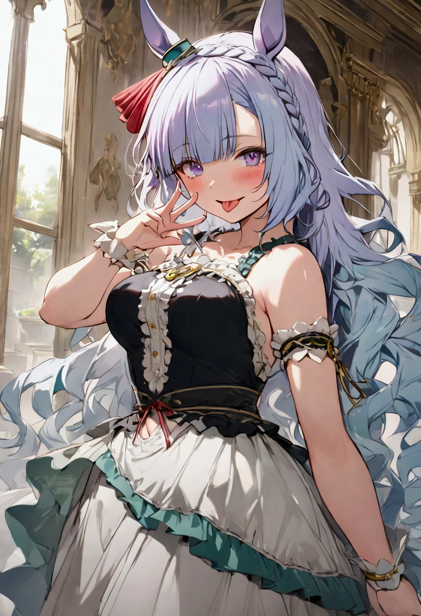 masterpiece, best quality, close up, face shot, looking at viewer, lookup, stained glass,
mejiro ardan \(umamusume\), 
from above,
ear ornament, black gloves, white gloves, asymmetrical gloves, mismatched gloves,
detached sleeves, puffy sleeves, [short sleeves:long sleeves:0.15], uneven sleeves, asymmetrical sleeves, 
ribbon, bare shoulders, off-shoulder dress, black dress, frilled dress, center frills, 
 <lora:mejiro_ardan_loha-000010:0.7>