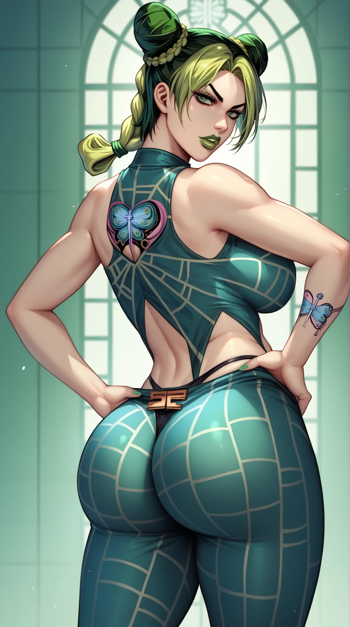 score_9, score_8_up, source_anime  BREAK solo, cowboy shot, looking at viewer,
kjolyne, green eyes, two-tone hair, green hair, black hair, double bun, braided bun, braided ponytail, green lips, lipstick, make up, green nails, nail polish, print, midriff, big breast, wide hips, thick thighs, seductive, black thong, pull clothes, big ass, ass, ass focus, perfect body, huge ass, wallpaper, presenting ass