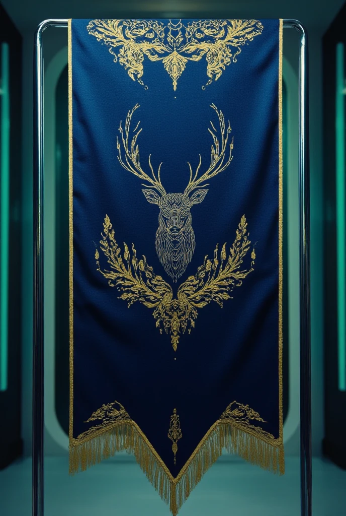 dark blue tail banner with embroidered deer symbol with embroidered details in golden yellow,sci-fi style