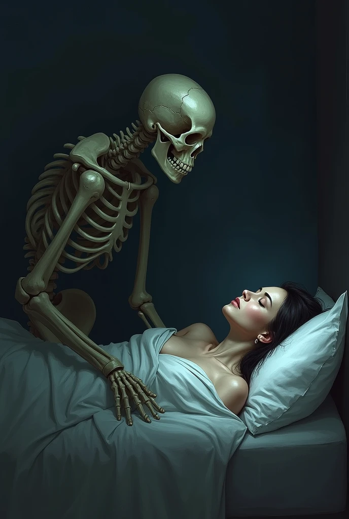A girl with medium length black hair and bangs, curtain. Lying with a skeleton in a room