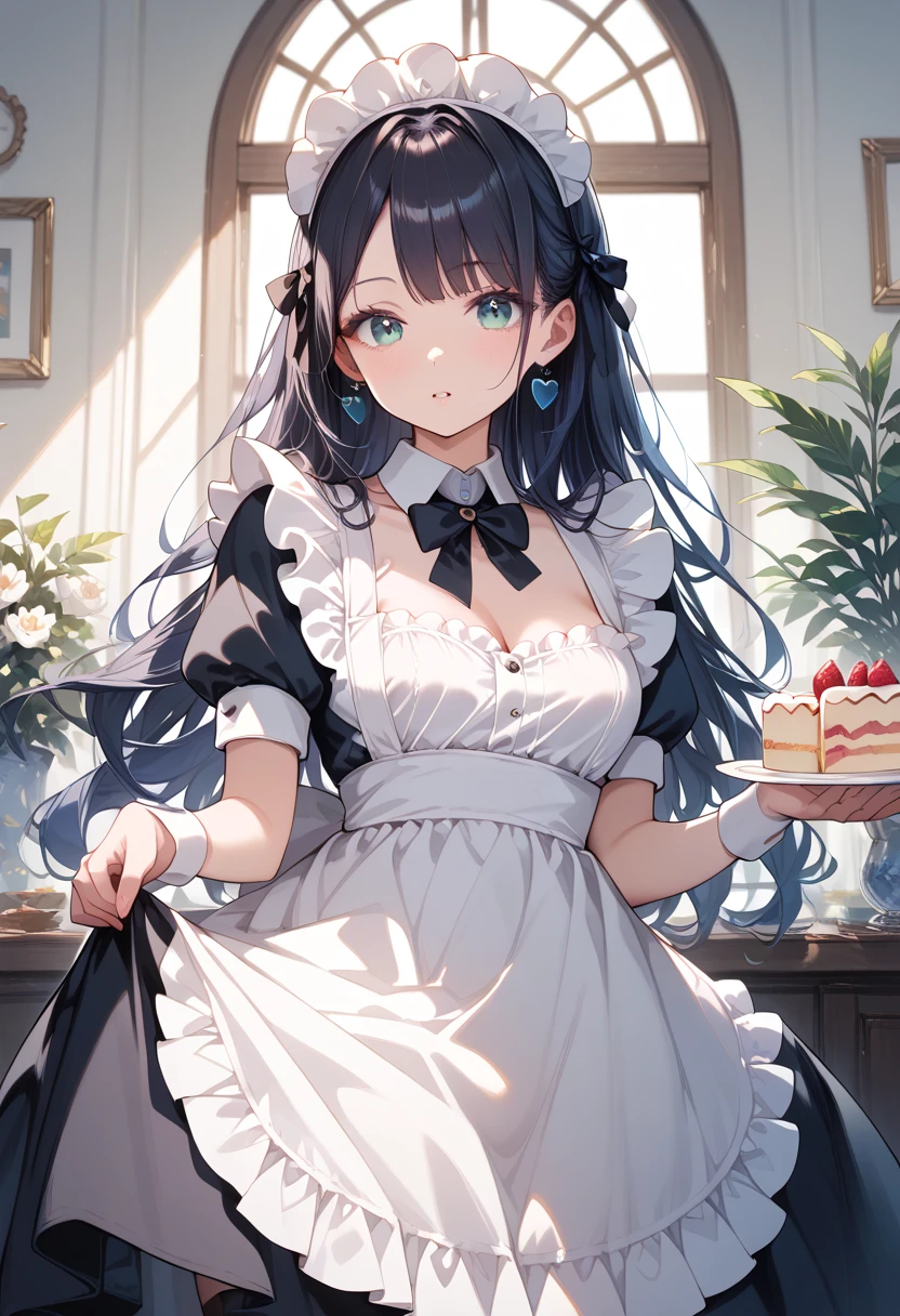 ((masterpiece, best quality, ultra detailed, high resolution, detailed facial description)), (1 girl), (maid, maid headdress, maid apron, mini skirt), (black long hair), (light makeup), feeding cake, (inside a maid cafe)