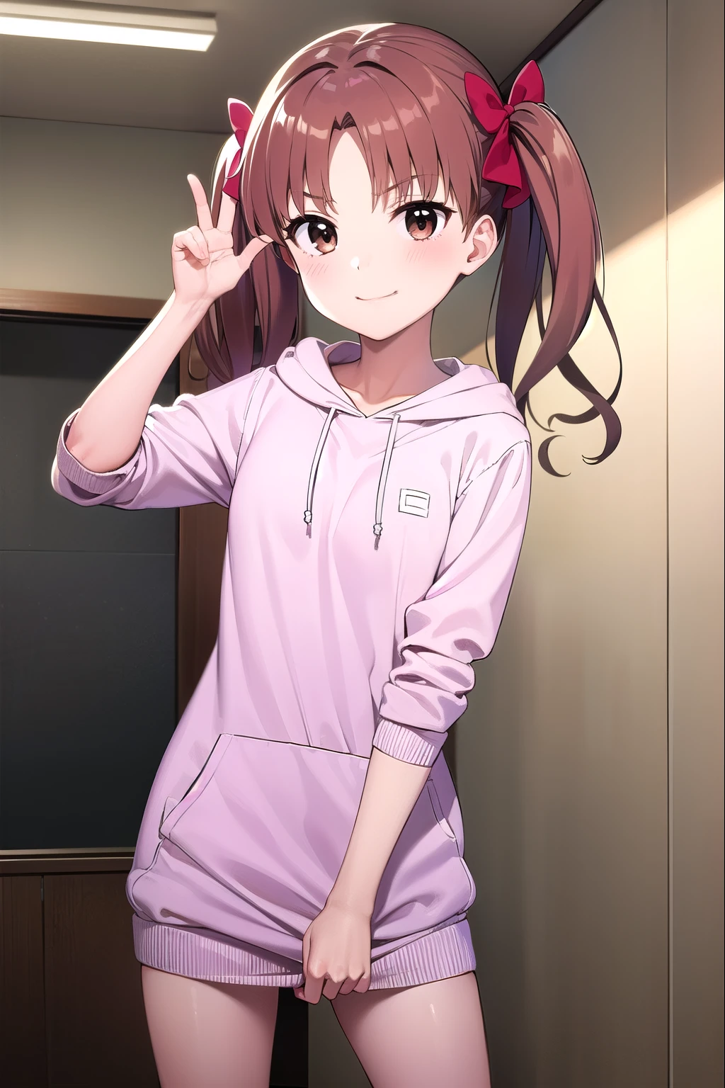  Highest Masterpieces，One young girl, Alone,   long hair, Chest,   show viewer  ,smile, Brown Hair,   hoodie, bow,   twin tails,   brown eyes,  knitted dress, hair bow,  panties:1.3, indoor,   clitoris:1.3，Excited facial expression:1.4, Kuroko Shirai, blush， playful gesture，