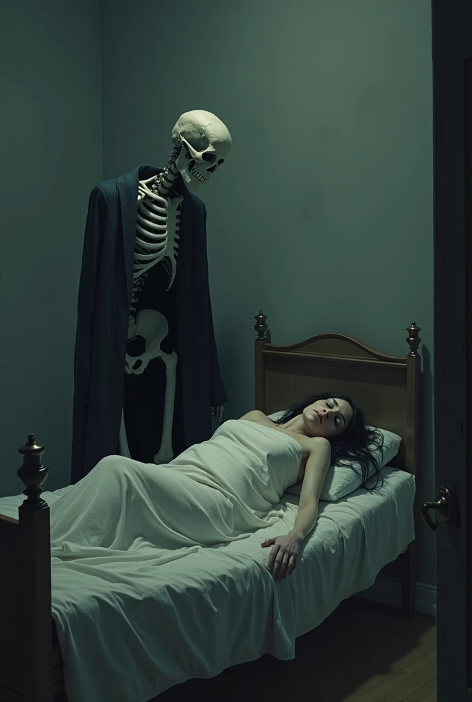 A man lying on the bed.  And next to his bed is a chair, with a skeleton standing on the chair, smiling. Night time 