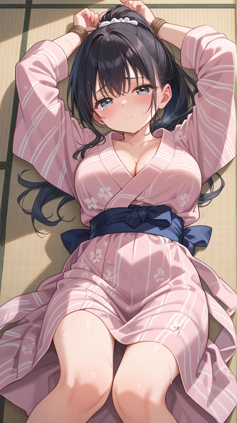 kimono、Show off your breasts、Black hair straight、Shortcuts、Remove eye highlights、Blushing、Open your mouth、Spread your legs、Lying on your back