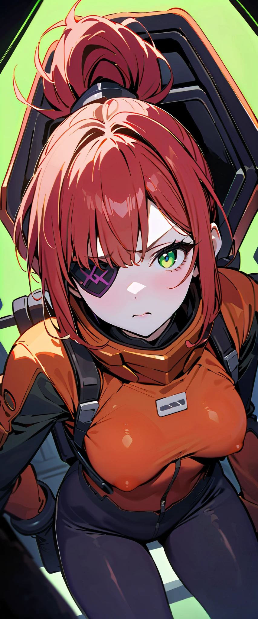 ,1girl,masterpiece,Ultra-high resolution, rich contrasts, Very high quality, bright meadow green eye color, Short pony tail hairstyle with side bangs, bright red hair color, tight black space suit with purple accents, 1 black eye patch, pale skin tone, annoyed facial expression, small boobs, sexy, spaceship cockpit background