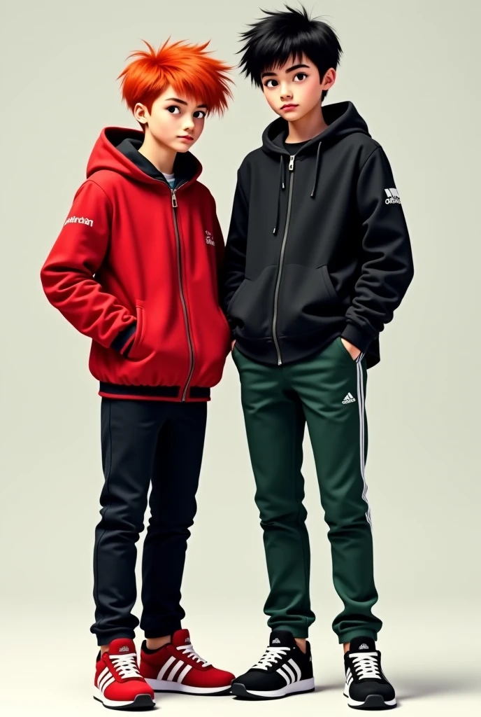 Two boys both wearing Nike Jordans 1 with different colors. The Jordans should be clearly visible and original in the picture. Both have their hair styled and the sides at zero. Both boys are German and can be seen completely in the picture. The picture must be realistically photogenic.