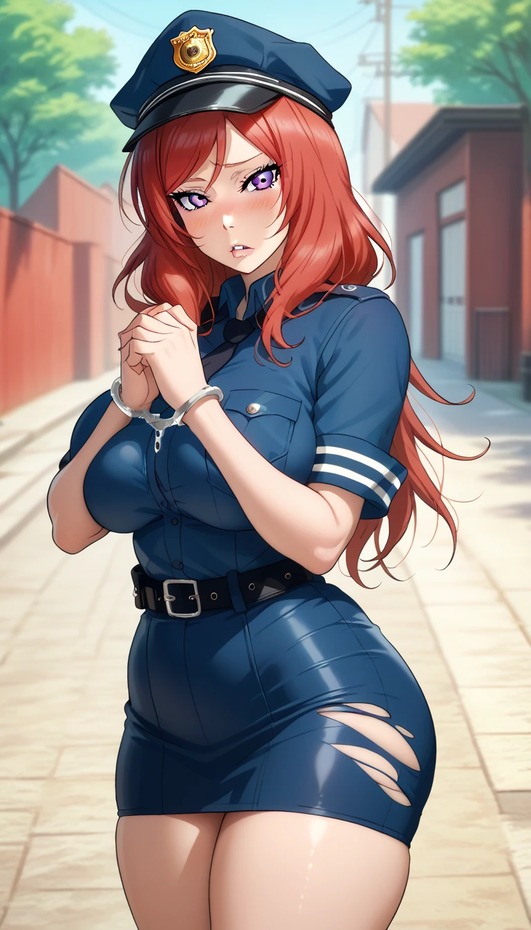 Female, Curvy body shape, Red hair, Bold geometric design, nishikino maki, sexual and bold posture, Outdoors, RUKIA Style,long hair, purple eyes,looking at viewer,seductive face,thin torso, narrow waist, police clothes,short skintight skirt, police cap,long girl, big breasts, parted lips, handcuffs,handcuffed hands, thighs together,head to side, impossible clothes, hands tied together,shy blush,(torn clothes:0.9)