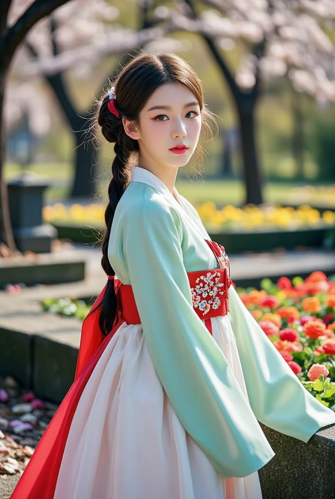 (realistic:1.3), finely detailed, quality, rembrandt lighting, (masterpiece:1.2), (photorealistic:1.2), (best quality), dramatic, 
1girl, bright photo of korean girl wearing traditional queen cloth Dangui hanbok , looking at viewer, standing by the cherry blossom garden , autumn , cinematic light , ((bokeh)), rim light , 
bright sunny day, autumn setting, autumn trees and leaves,