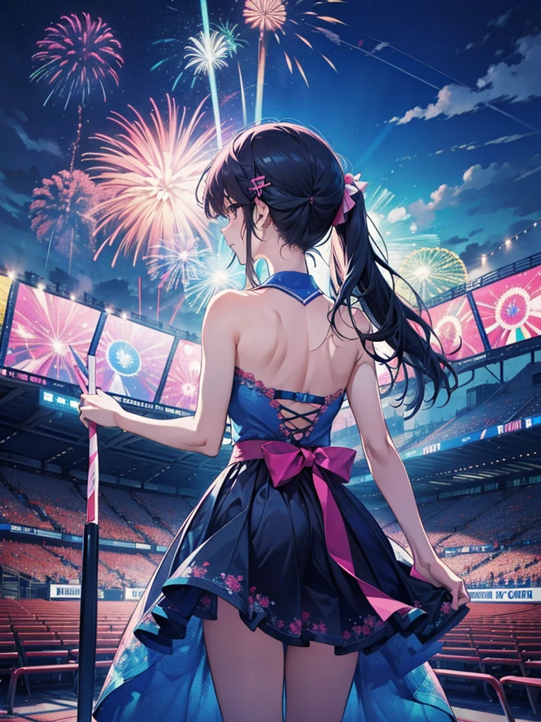 A girl is depicted dancing passionately on an illuminated stage, enveloped in vibrant and energetic vibes. Surrounding her is a large crowd, their raised hands creating a mesmerizing sea of motion. Laser lights pierce through the smoke-filled air, their beams intermingling with the electric sparks of pyrotechnics that explode in bursts of dazzling colors. The stage is bathed in HDR, UHD studio lighting, which amplifies the extreme detail and realism of the scene. The illustration is a masterpiece, showcasing the intense bass of an EDM requiem in visually stunning and dynamic fashion. The cyberpunk and futuristic