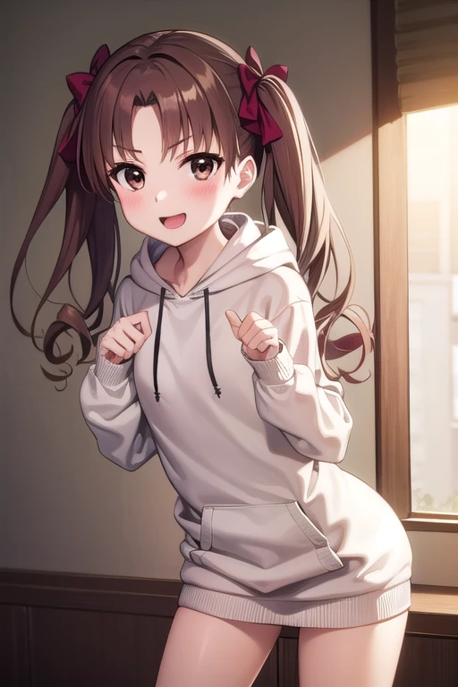  Highest Masterpieces，One young girl, Alone,   long hair, Chest,   show viewer  ,smile, Brown Hair,   hoodie, bow,   twin tails,   brown eyes,  knitted dress, hair bow, :1.3, indoor,   clitoris:1.3， clevis on a stone，Excited facial expression:1.4, Kuroko Shirai, blush， playful gesture，